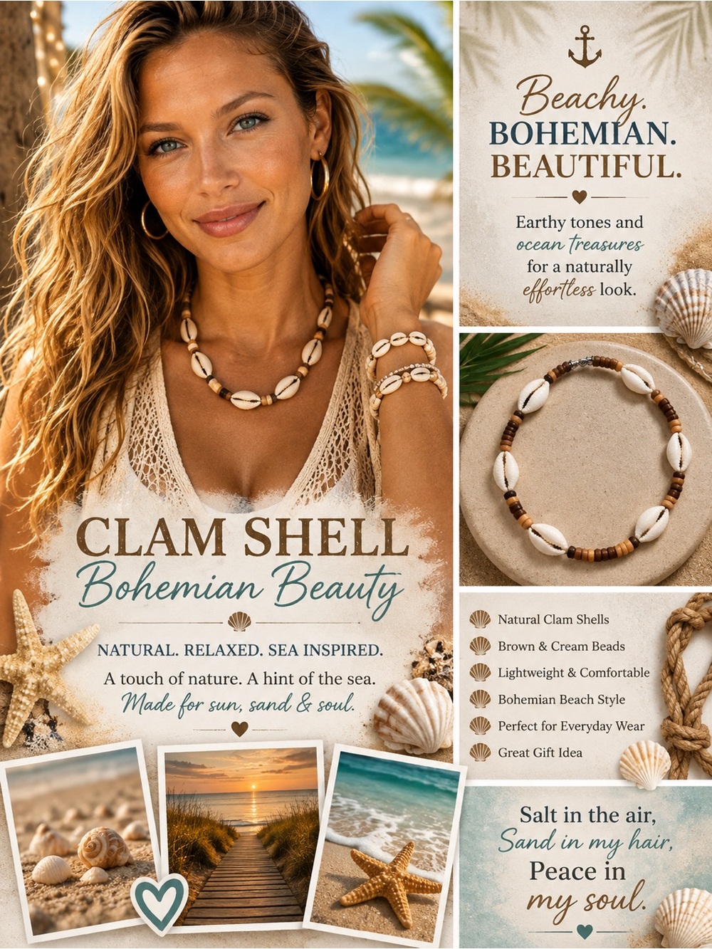Brown and Cream Clam Shell Beaded Necklace Bohemian Jewelry
